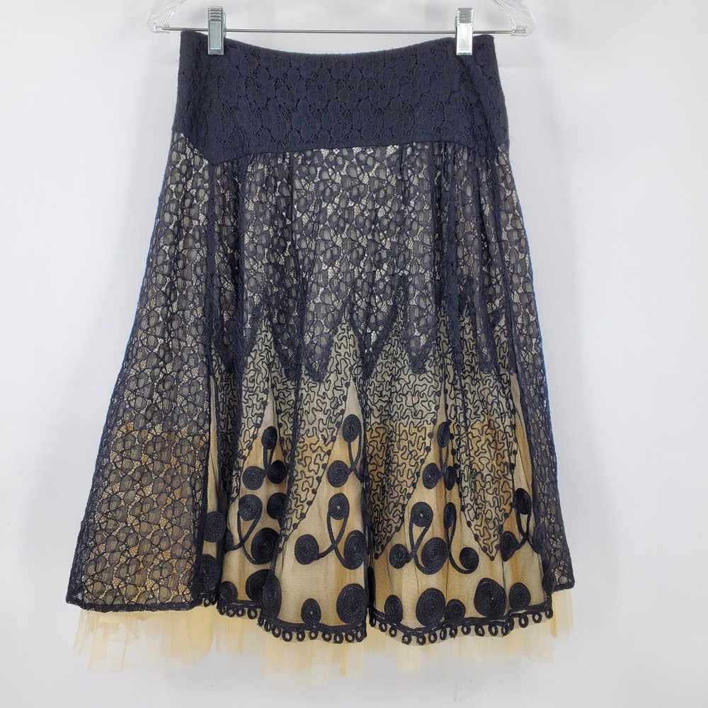Viola Anthropologie Black Lace Embroidered Tulle Midi Skirt 4 Whimsigoth Grunge
